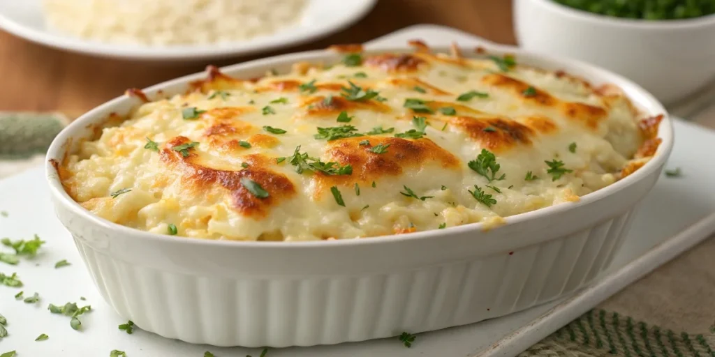 Cheesy garlic rice bake with mozzarella and cheddar