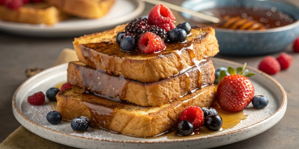 Crispy sourdough French toast with maple syrup and berries