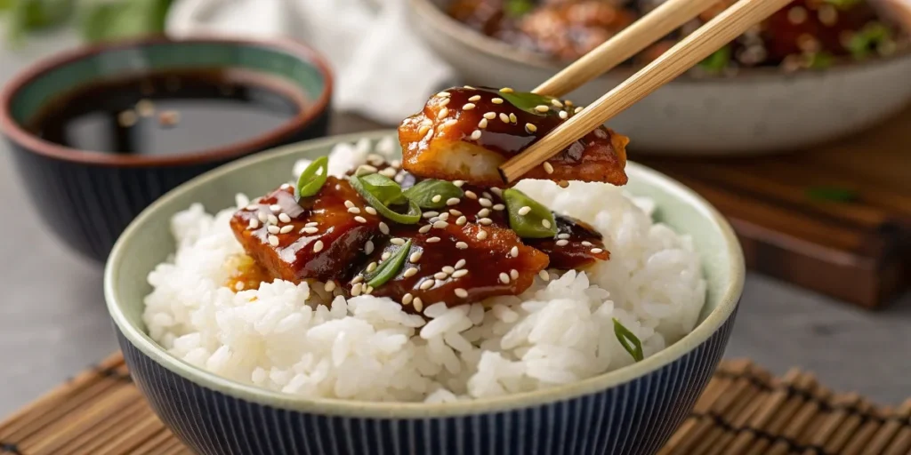 White rice with teriyaki sauce and sesame seeds