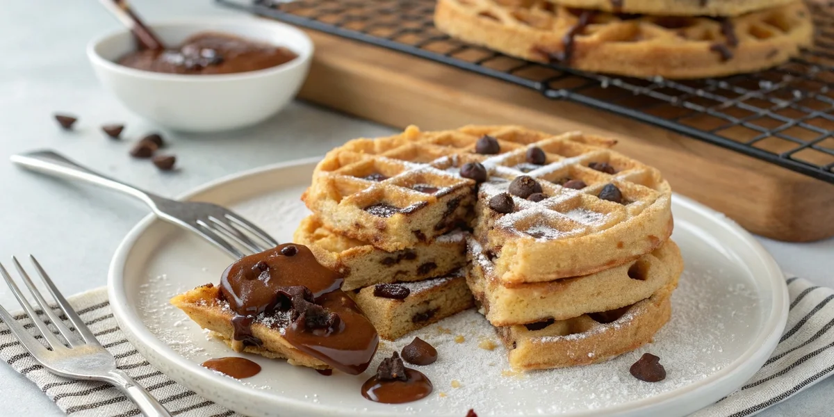 Freshly made cookie waffles with chocolate chips and powdered sugar on a white plate.