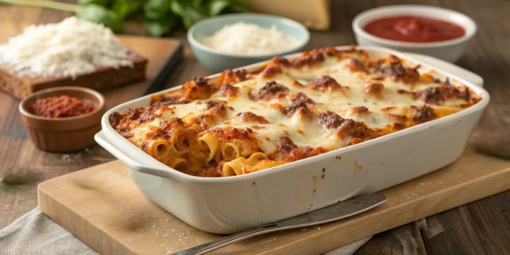 Freshly baked ziti with golden, melted cheese, rich tomato sauce, and herbs in a rustic ceramic dish.