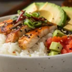 Best toppings for white rice – grilled chicken, avocado, and kimchi