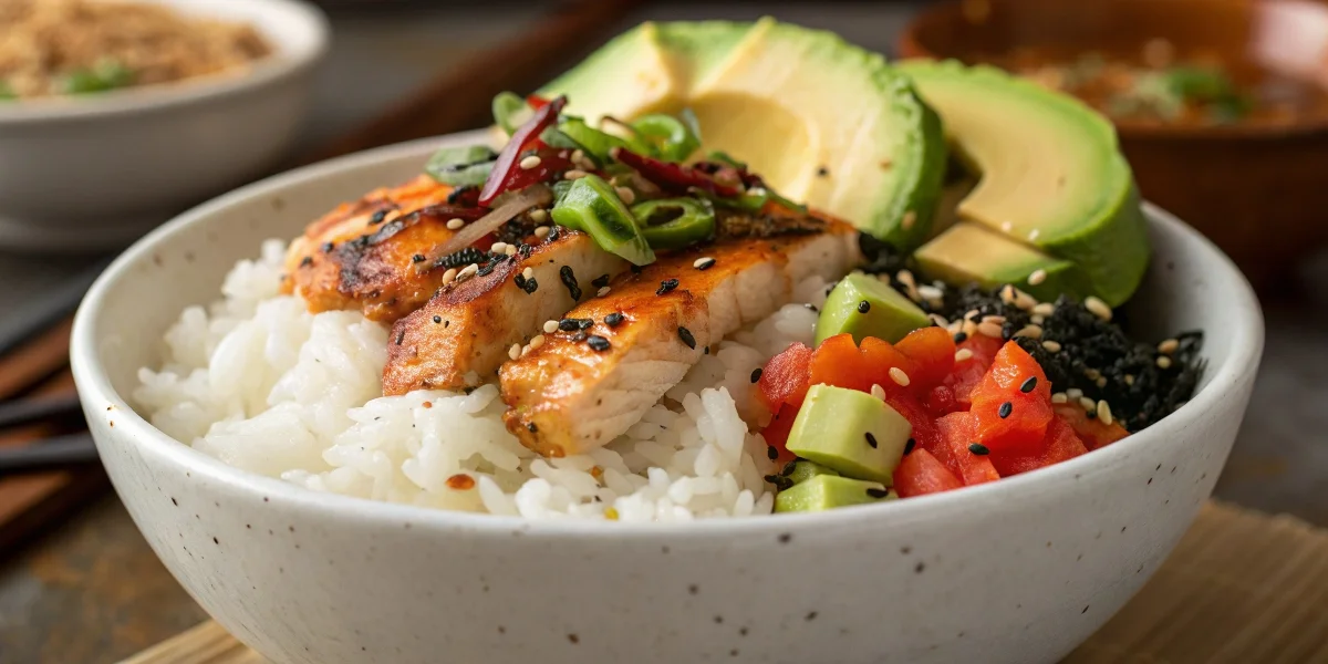 Best toppings for white rice – grilled chicken, avocado, and kimchi