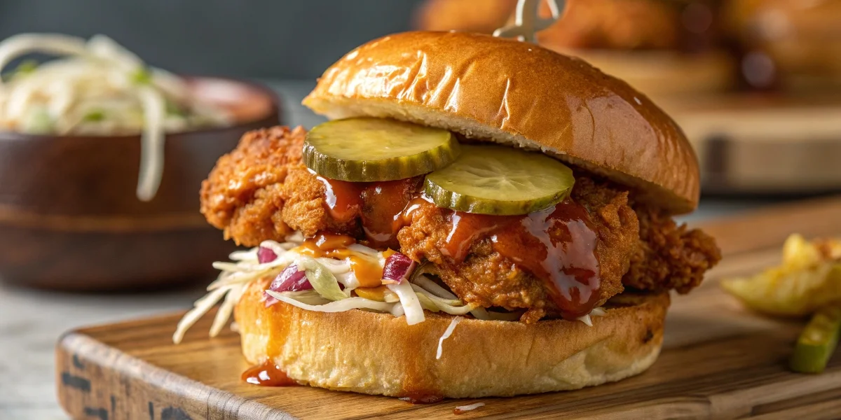 "Hot honey chicken sandwich with crispy fried chicken and spicy honey glaze"