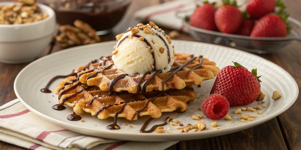 Crispy waffle cookies served with vanilla ice cream, chocolate drizzle, and fresh berries on a wooden plate.