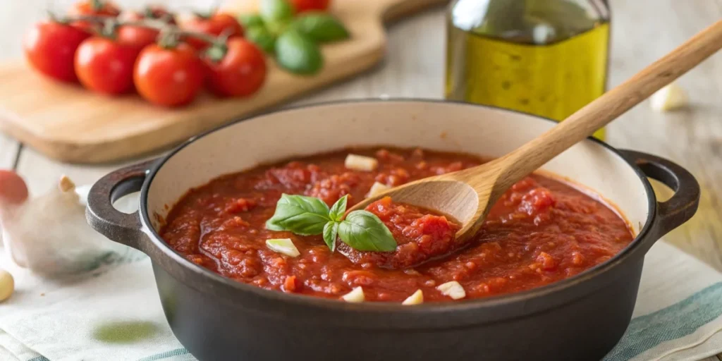  Simmering tomato sauce with fresh basil, garlic, and onions, stirred with a wooden spoon in a cozy kitchen setting.