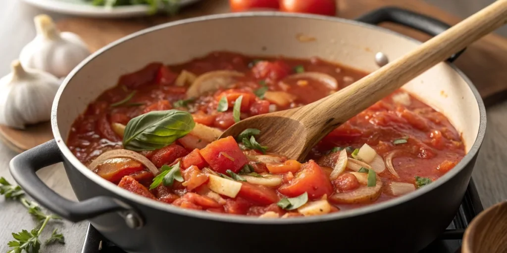 A pot of rich, homemade vegetarian tomato sauce simmering with fresh herbs and spices.