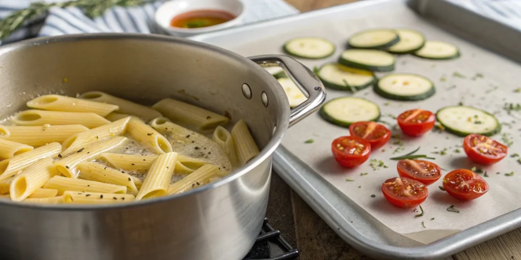 Penne pasta boiling in a pot, with zucchini and cherry tomatoes roasting in the background.