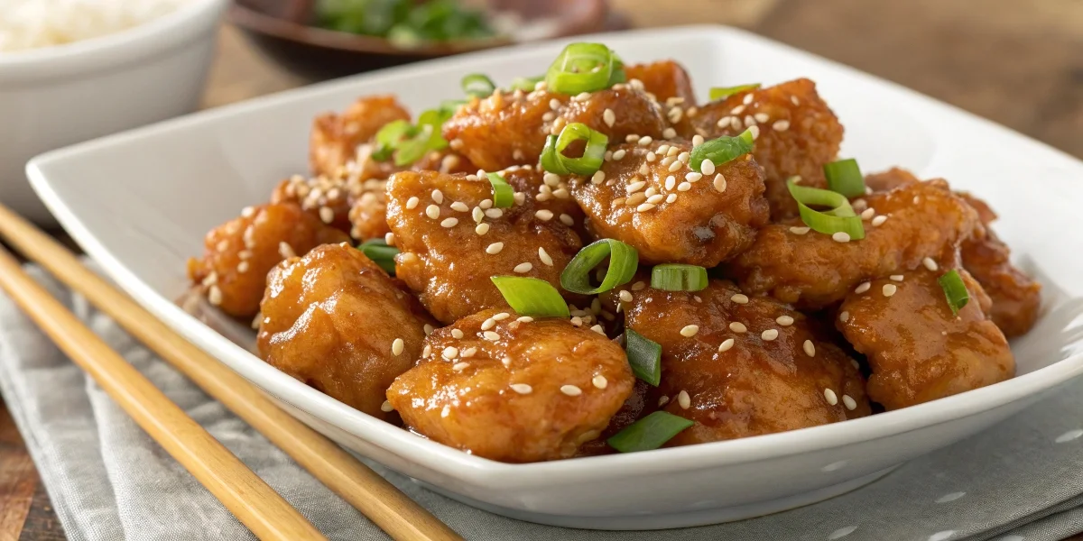 Crispy honey chicken coated in honey glaze