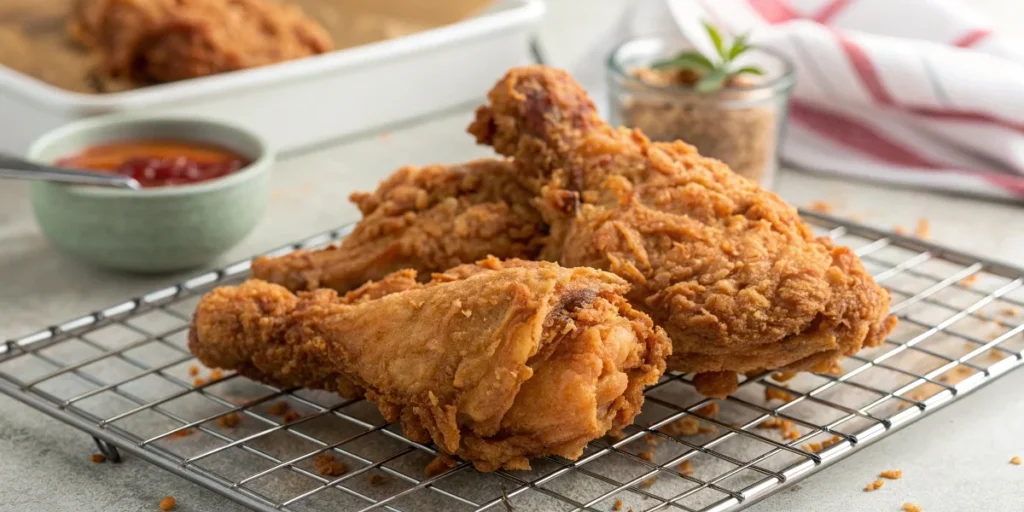 Crispy fried chicken resting on a wire rack