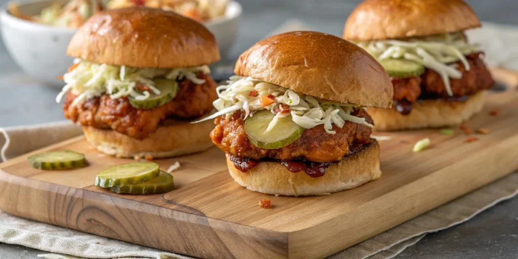  Hot honey chicken sliders with coleslaw and pickles