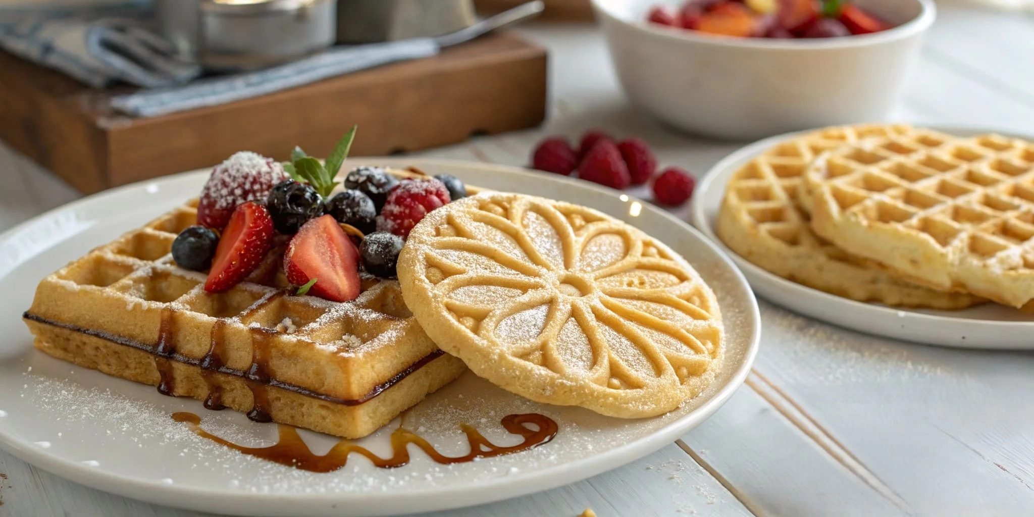 A crispy waffle with syrup and berries next to two delicate pizzelles dusted with powdered sugar on a wooden surface.