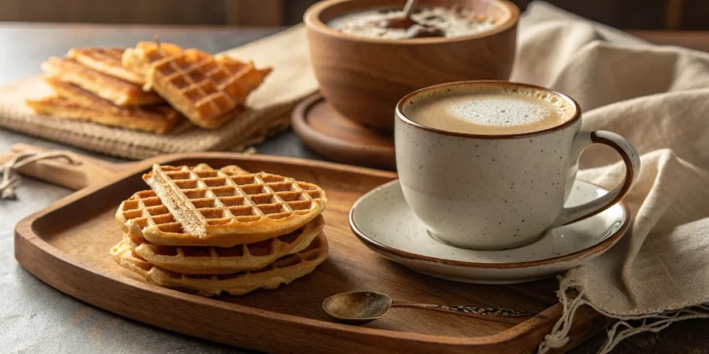 A cup of hot coffee with frothy milk, served with crispy waffle cookies on a rustic wooden table.