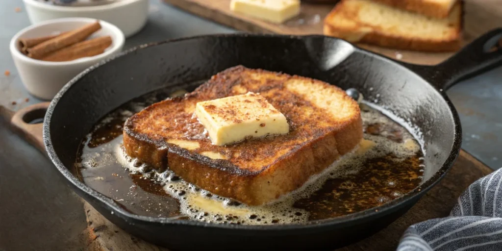 Golden-brown French toast sizzling in a pan