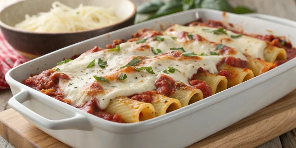 A baking dish filled with layers of pasta, ricotta, tomato sauce, and melted mozzarella cheese.