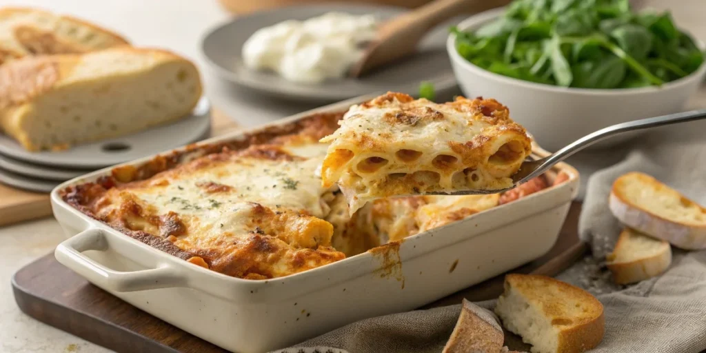 A gluten-free, dairy-free baked ziti with plant-based cheese and tomato sauce, served in a rustic dish.