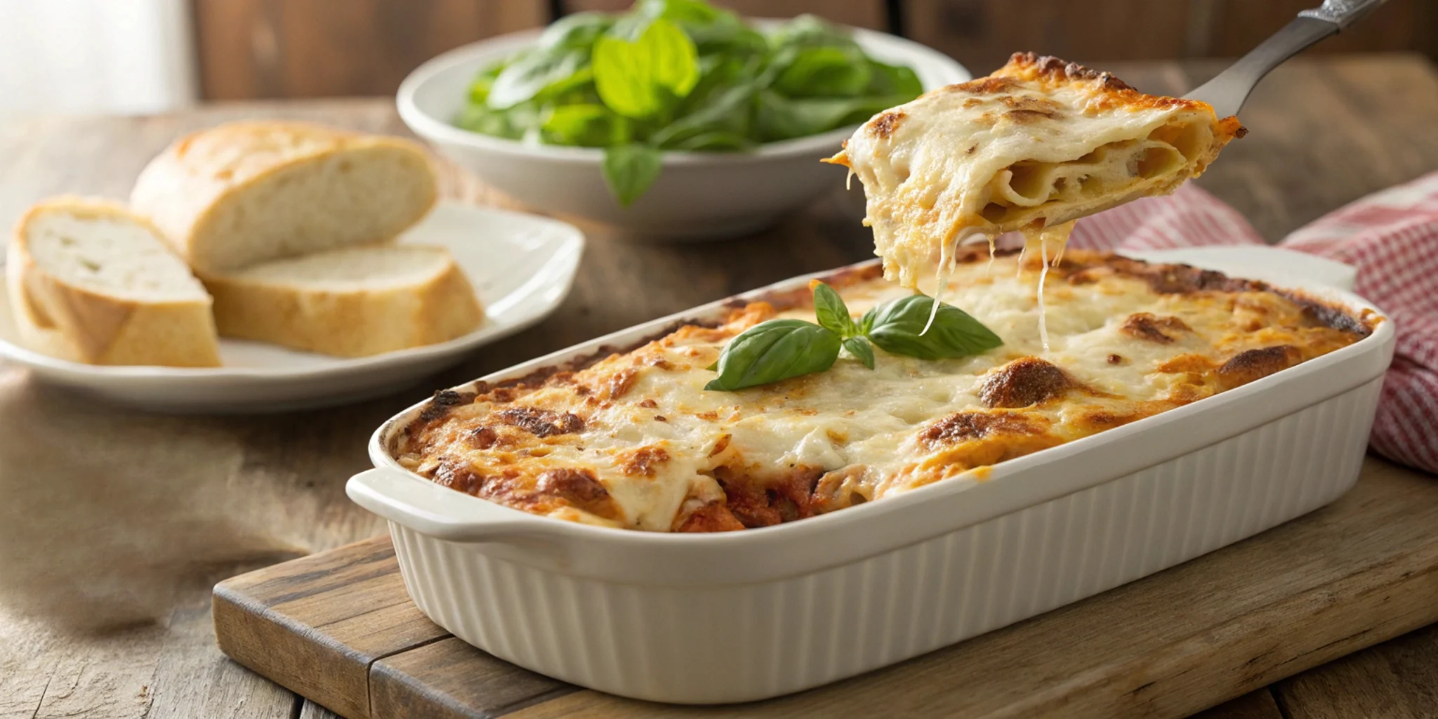 A golden-brown baked ziti with melted cheese being served from a baking dish.