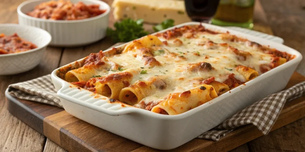  A fresh-out-of-the-oven baked ziti with a ricotta substitute, topped with golden, melted cheese.