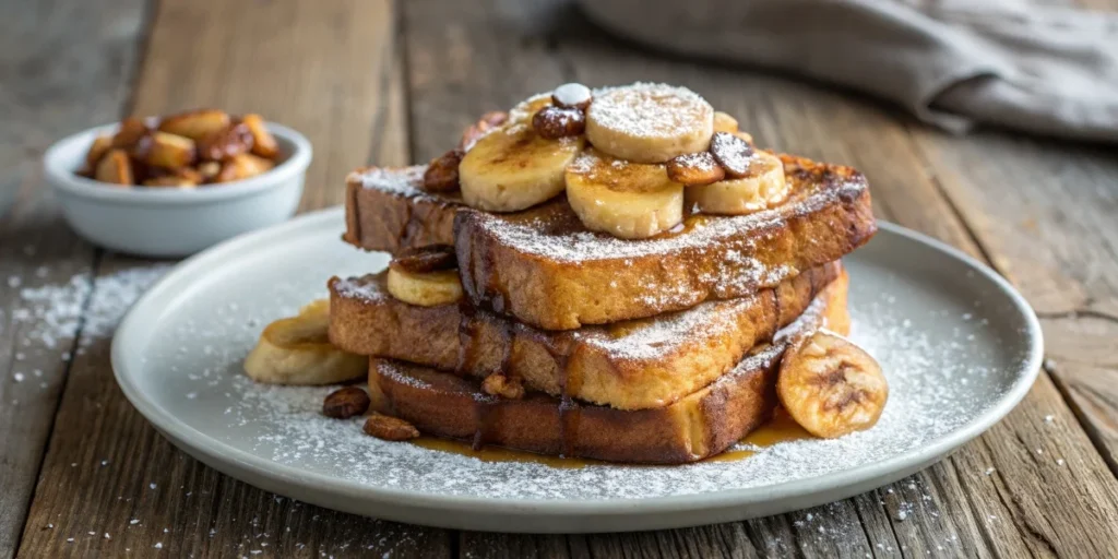 French toast with caramelized bananas and powdered sugar