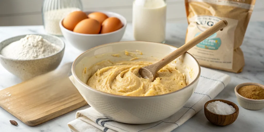 Thick and creamy waffle cookie batter being mixed in a bowl, surrounded by fresh ingredients like flour, eggs, butter, and vanilla extract on a marble countertop.