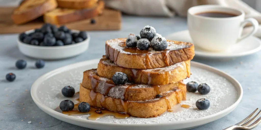 Stacked sourdough French toast with syrup and blueberries.