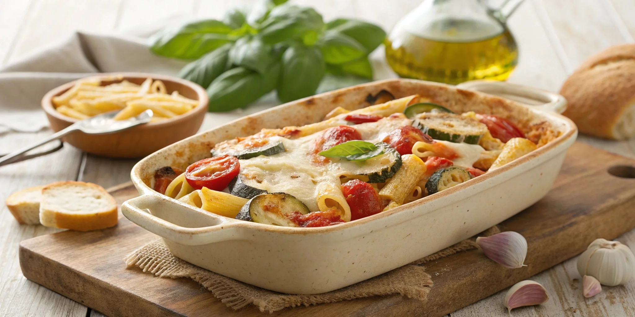 A golden-baked meatless pasta dish with roasted vegetables and melted cheese in a rustic ceramic dish on a wooden table.