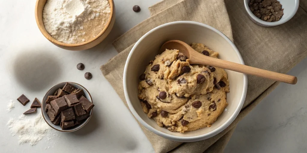 A bowl of cookie dough with chocolate chips, surrounded by baking ingredients and a waffle maker.