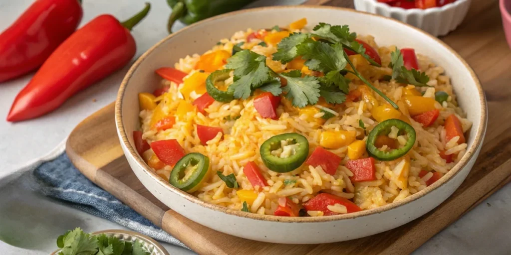  Spicy Mexican cheesy rice with peppers and cheddar