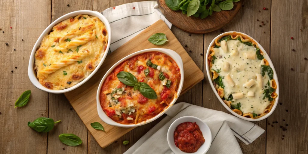 Three variations of baked ziti—classic, vegetarian, and white sauce—served in ceramic dishes on a rustic wooden table.