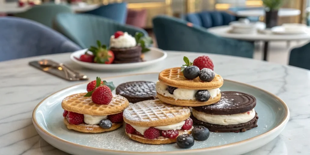 Waffle cookie sandwiches filled with whipped cream, fresh berries, and chocolate on a marble countertop.