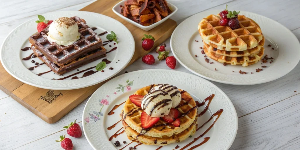 Three creative variations of waffles and pizzelles, including chocolate chip, savory cheese, and flavored pizzelles.