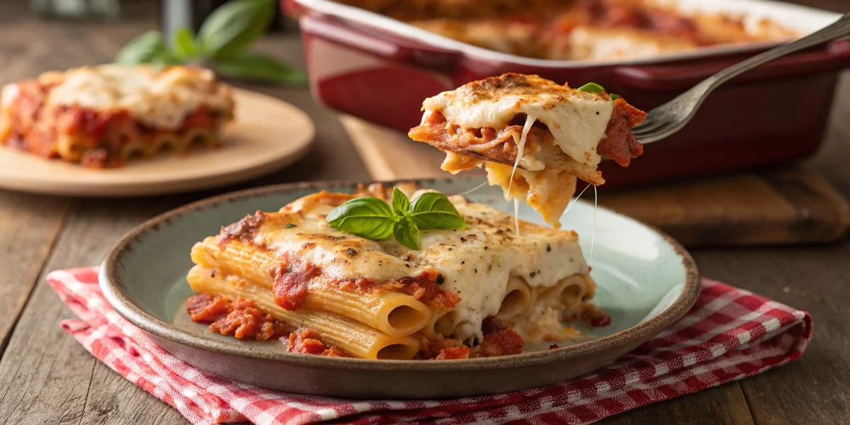 A plated serving of baked ziti made with a ricotta substitute, featuring golden melted cheese and rich tomato sauce.