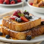 Golden brown sourdough French toast with berries and syrup.