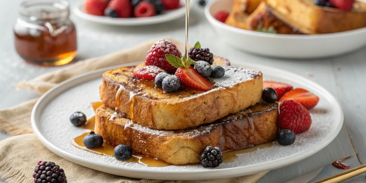 Golden brown sourdough French toast with berries and syrup.