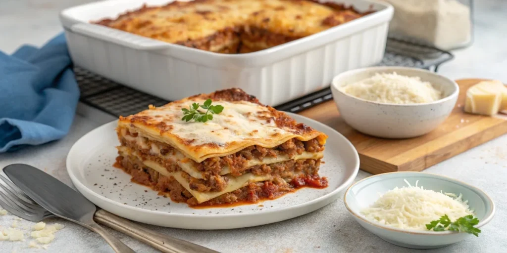 A slice of classic lasagna with layers of pasta, meat sauce, ricotta, and mozzarella, topped with golden-baked cheese.
