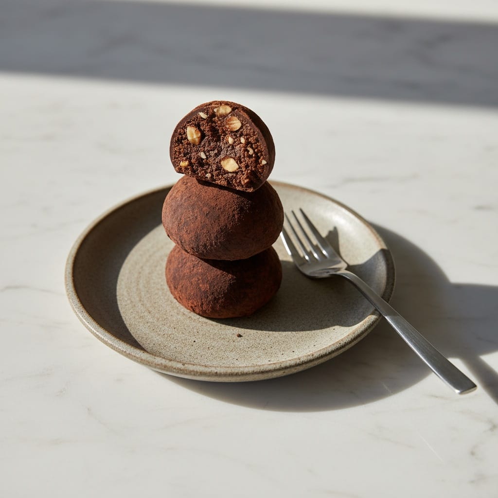 A stack of dark chocolate almond truffles on a plate