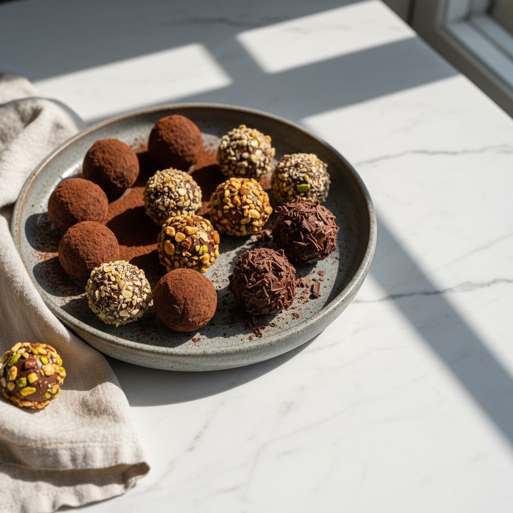 Assortment of homemade chocolate truffles on a stoneware platter.