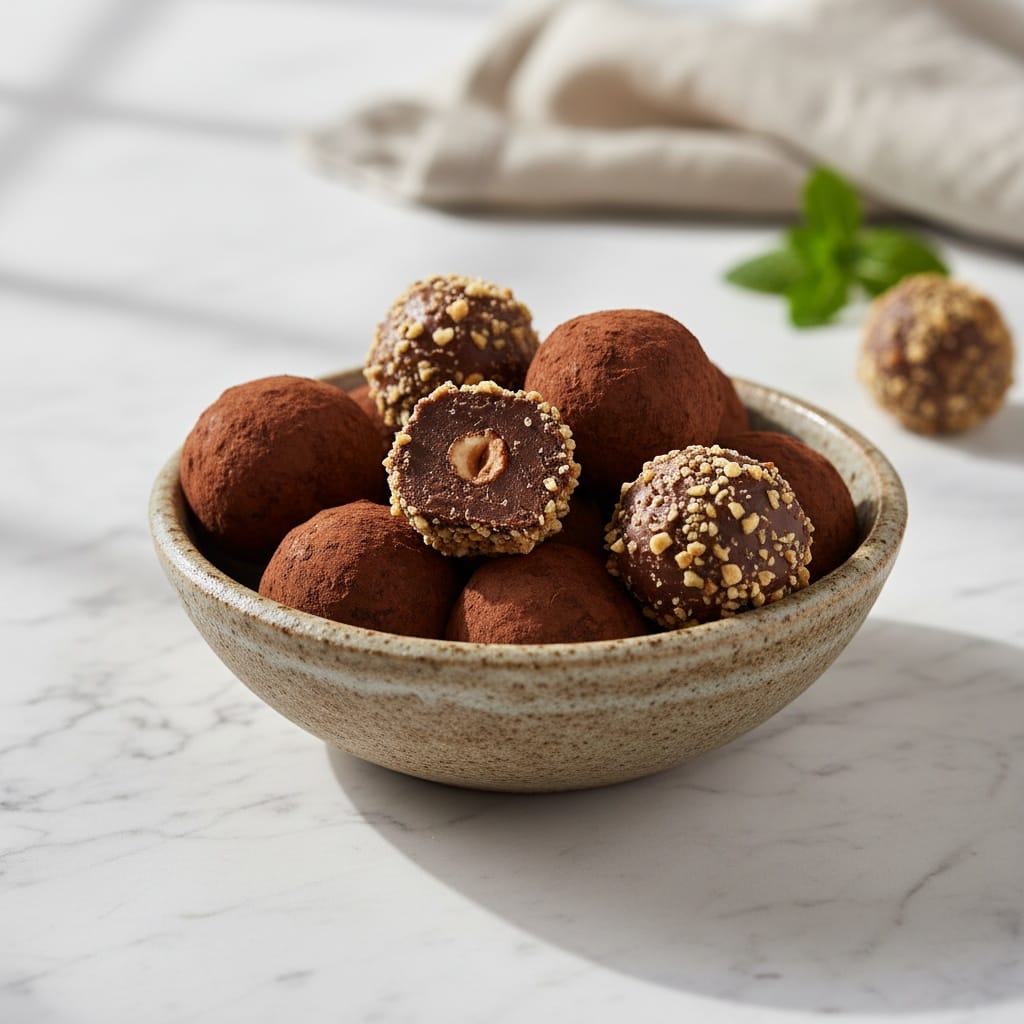 A bowl of delightful hazelnut chocolate truffles.
