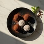 Delicious coconut chocolate truffles on a modern ceramic plate.