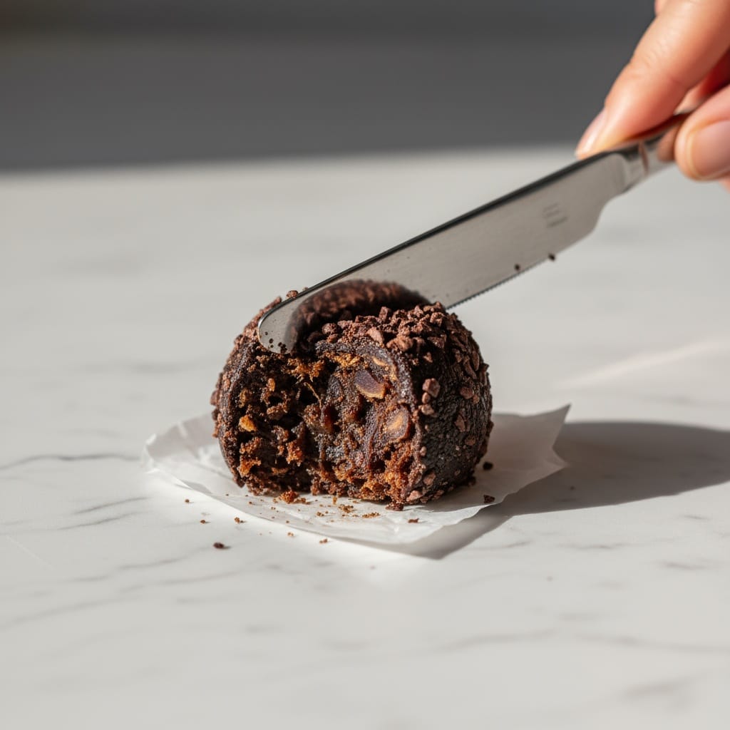 Cutting into a soft date cacao truffle.