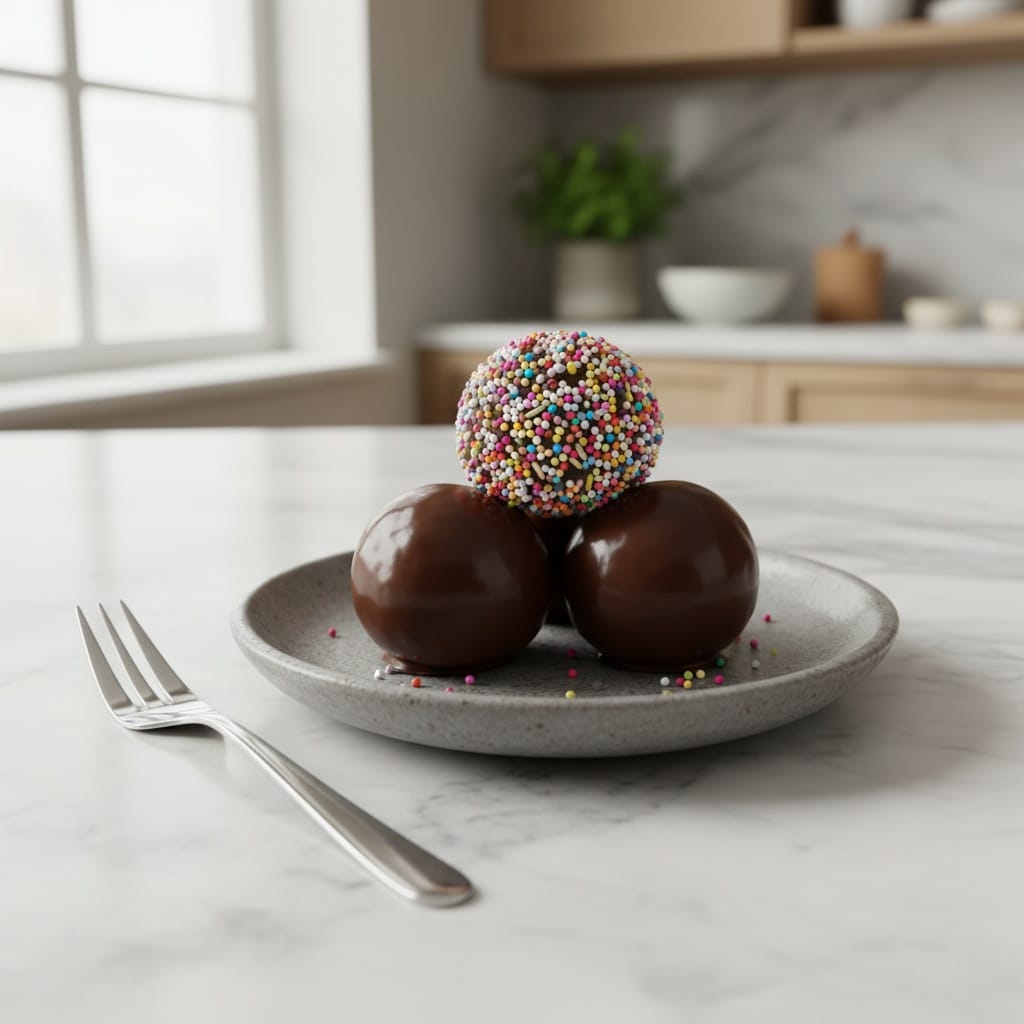 Three exquisite no bake chocolate truffles on a modern plate.