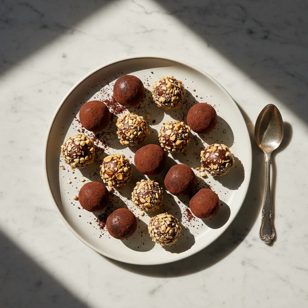 Delicious hazelnut chocolate truffles, beautifully plated.