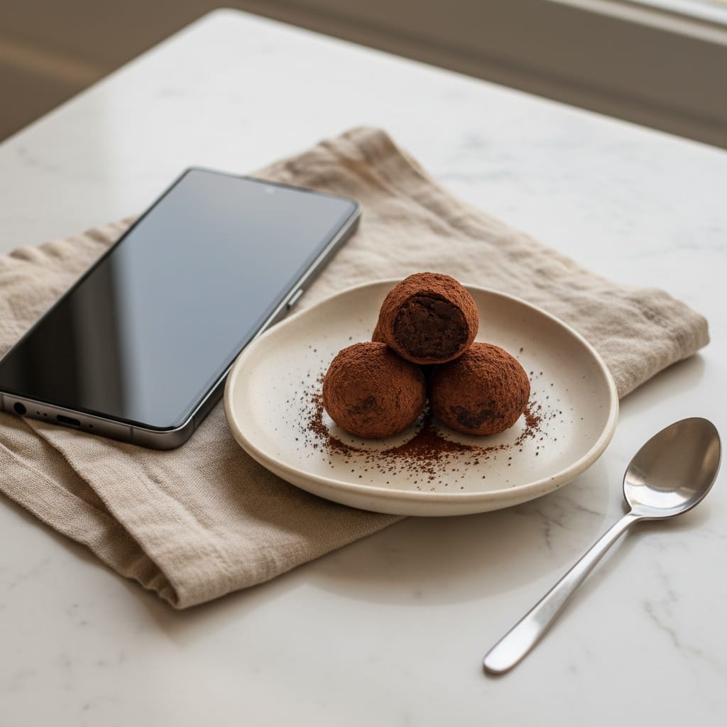Stacked cocoa dusted chocolate truffles on a ceramic plate.