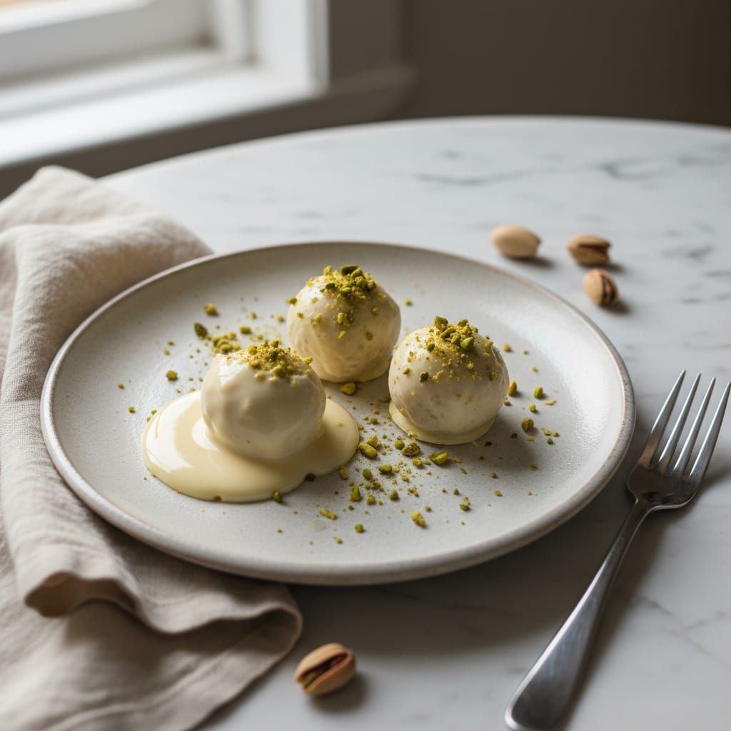 White chocolate pistachio truffles on a stoneware plate.