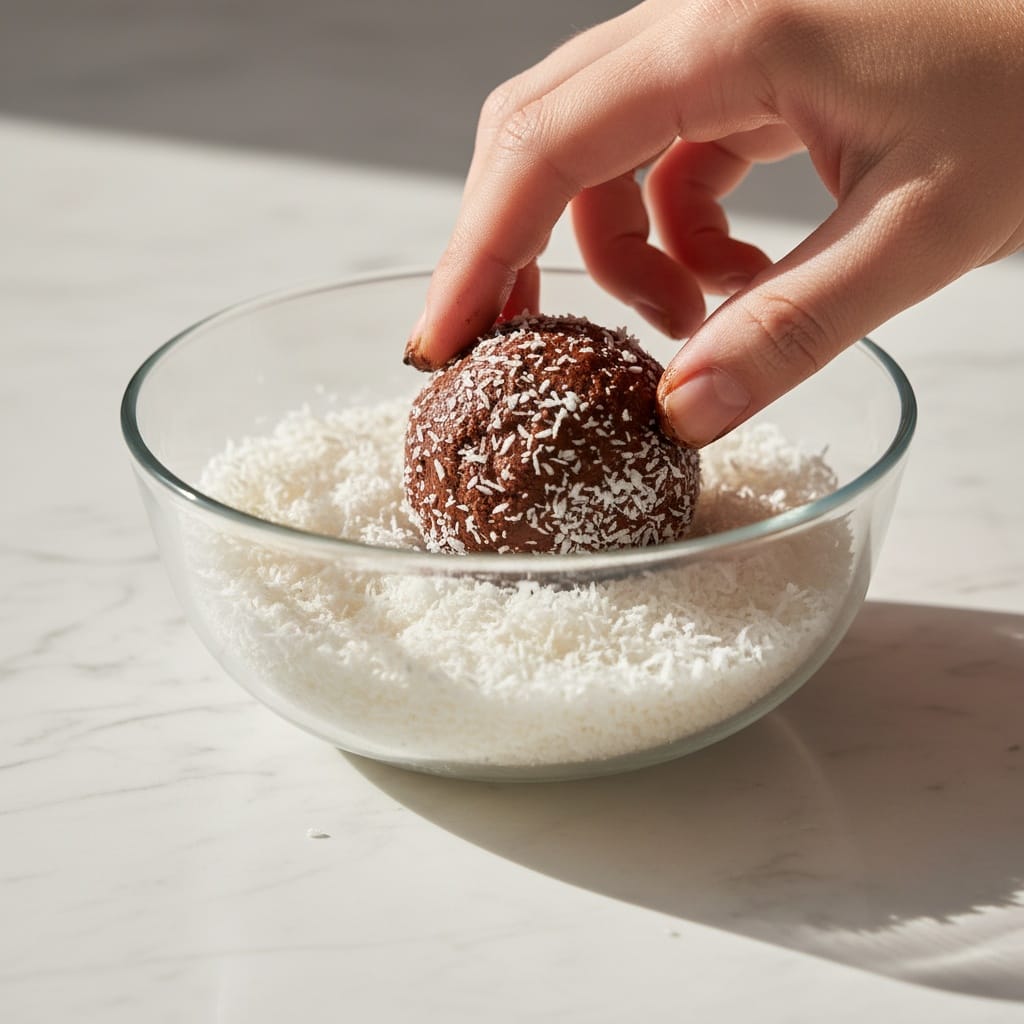 Rolling a no bake chocolate truffle in shredded coconut.