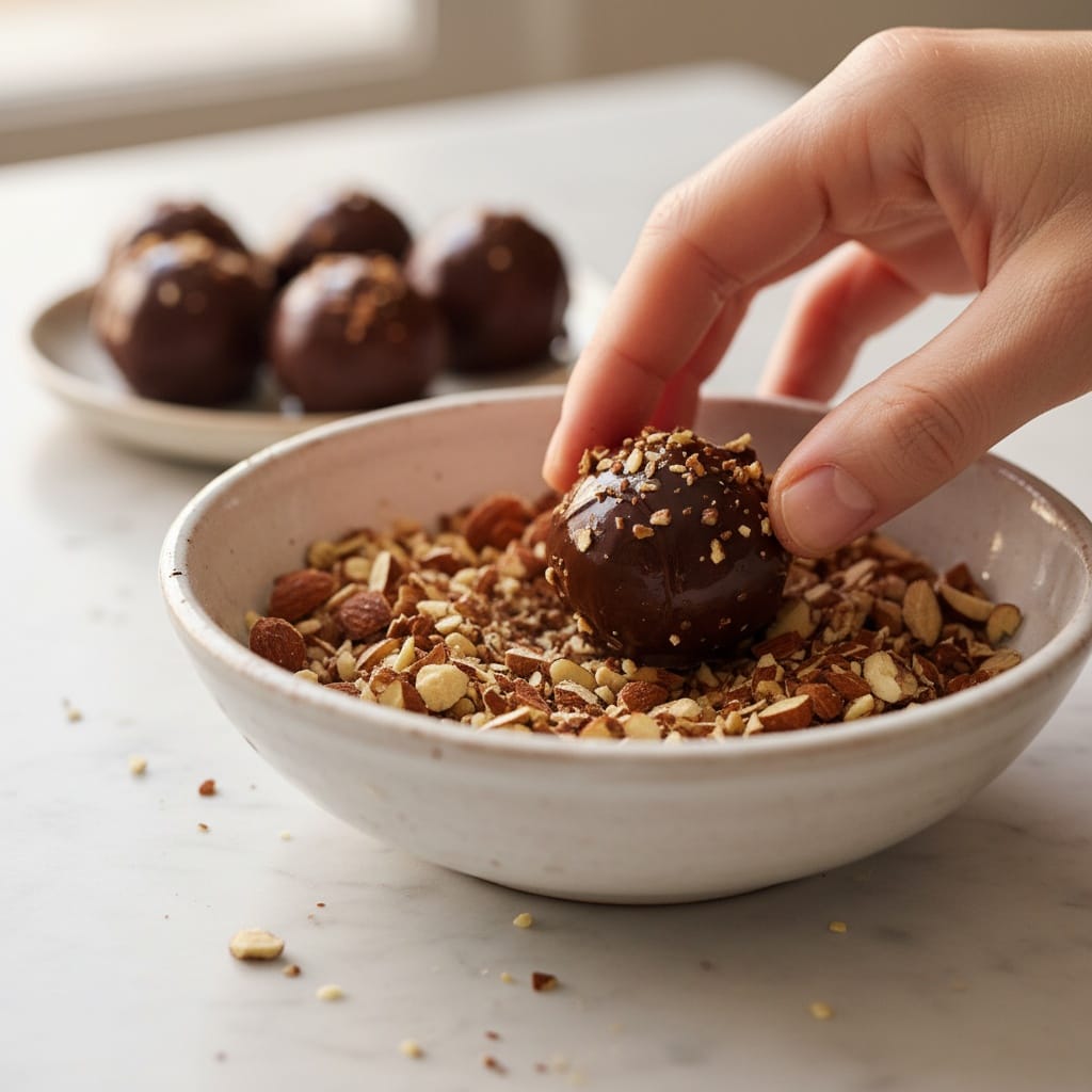 Hand rolling a dark chocolate almond truffle in almonds