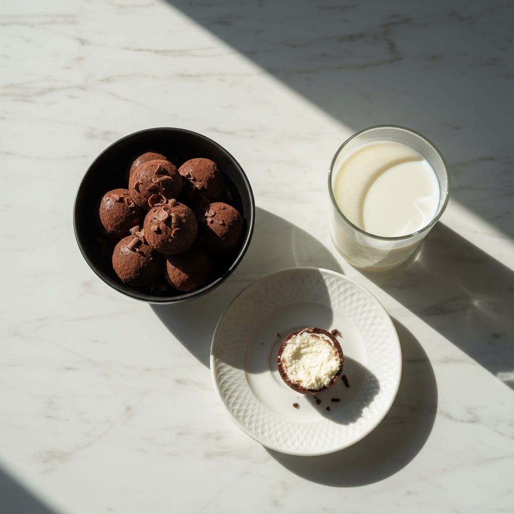 Cream cheese chocolate truffles with a glass of milk