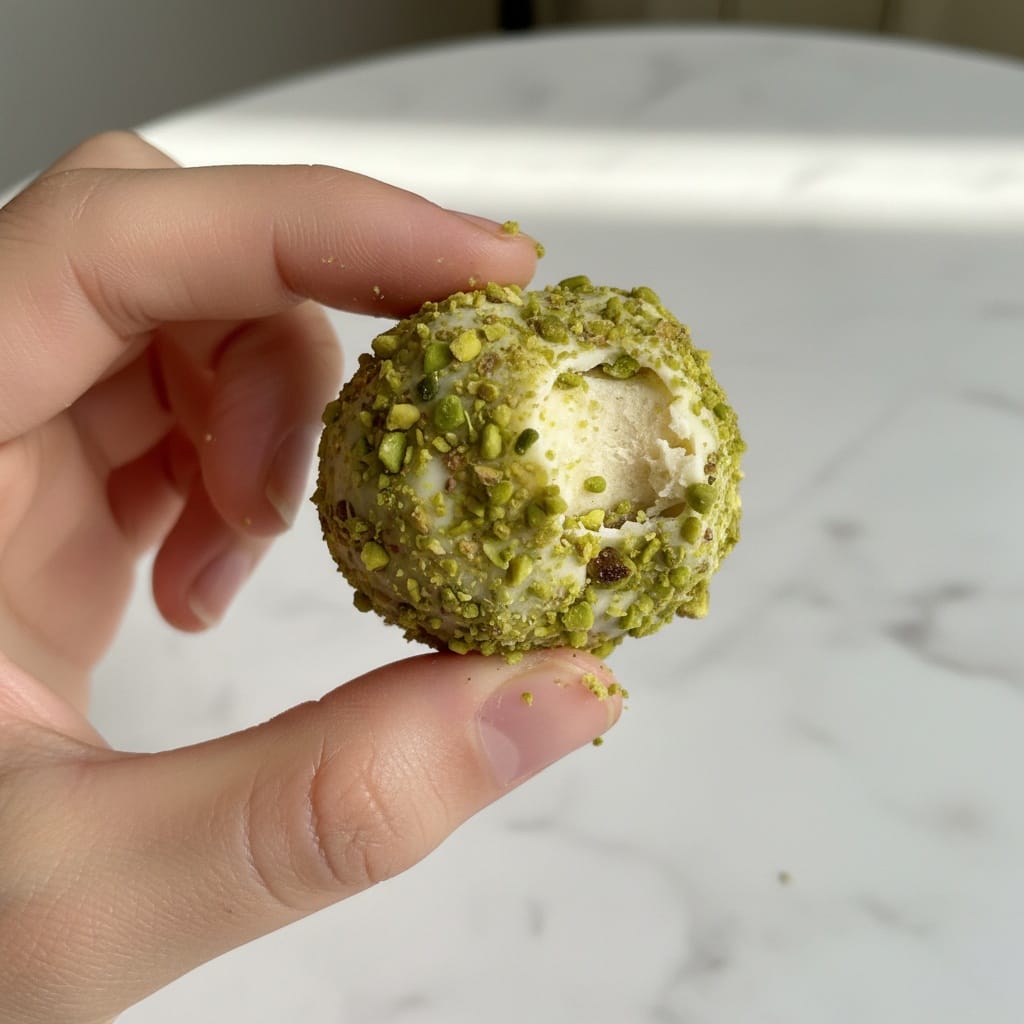 Hand holding a white chocolate pistachio truffle.