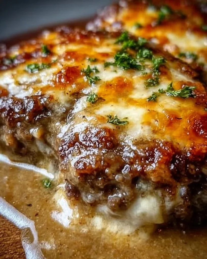 Amish Hamburger Steak Bake with juicy hamburger steak and savory sauce