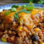 Beef Enchilada Casserole with Rice topped with cheese and cilantro